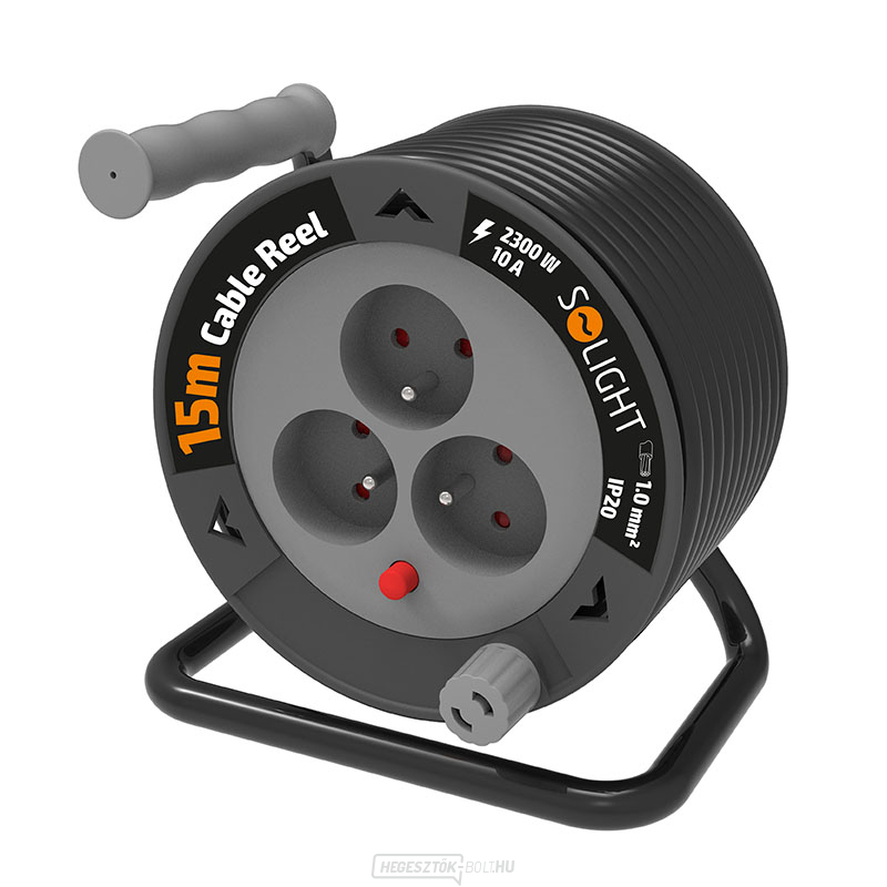 Solight hosszabbító kábel dobon 15m, 3 aljzat, fekete kábel, 3x 1.0mm2