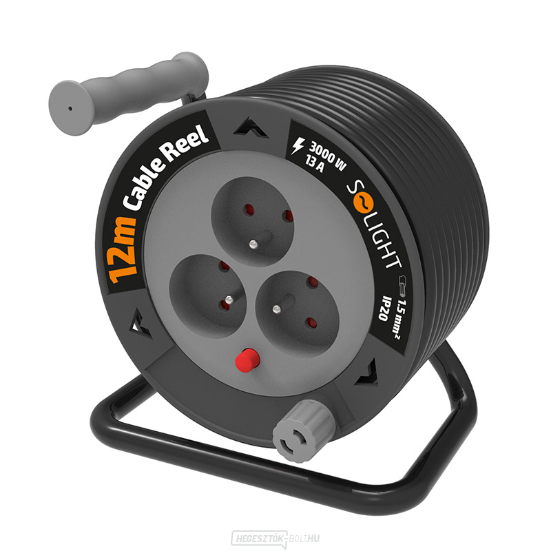 Solight hosszabbító kábel dobon 12m, 3 aljzat, fekete kábel, 3x 1,5mm2