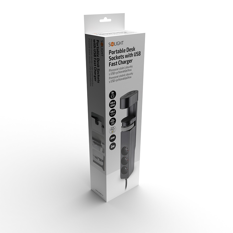 Solight 3z + USB A+C hordozható asztali aljzatok, 2m, fekete, USB gyorstöltő 20W PD