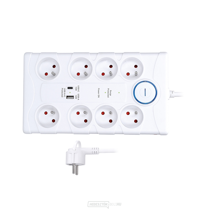 Solight túlfeszültségvédő, 8z, USB A+C, 2m, fehér