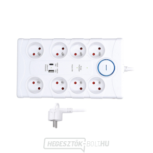 Solight túlfeszültségvédő, 8z, USB A+C, 2m, fehér gallery main image