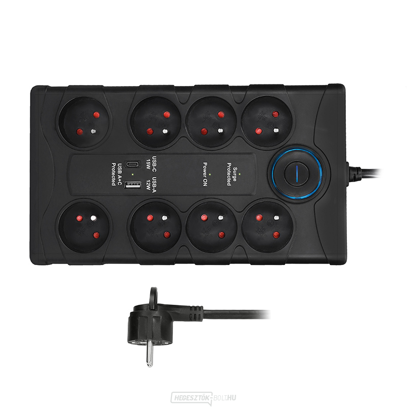 Solight túlfeszültségvédő, 8 tűs, USB A+CA, 2m, fekete