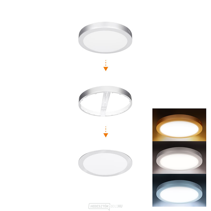 Solight LED mini panel fürdőszobai 2 az 1-ben, 3CCT, mennyezeti/felületre szerelhető, 18W, 1530lm, IP54, ezüst, kerek