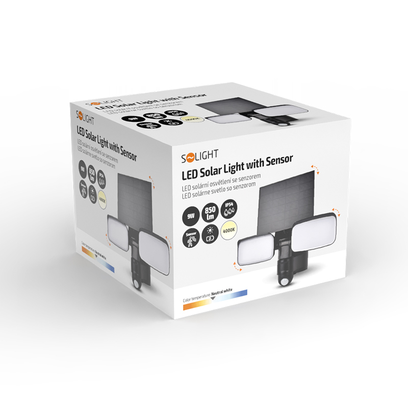 Solight LED napelemes világítás szenzorral, 9W, 850lm, 4000K, Li-ion, fekete
