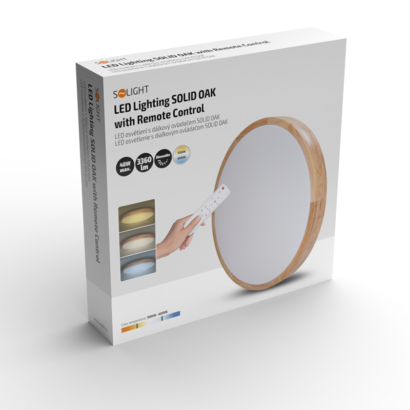Solight LED világítás távirányítóval, tömör tölgyfa, 48W, 3360lm, 39cm, színváltós, fényerő-szabályozható