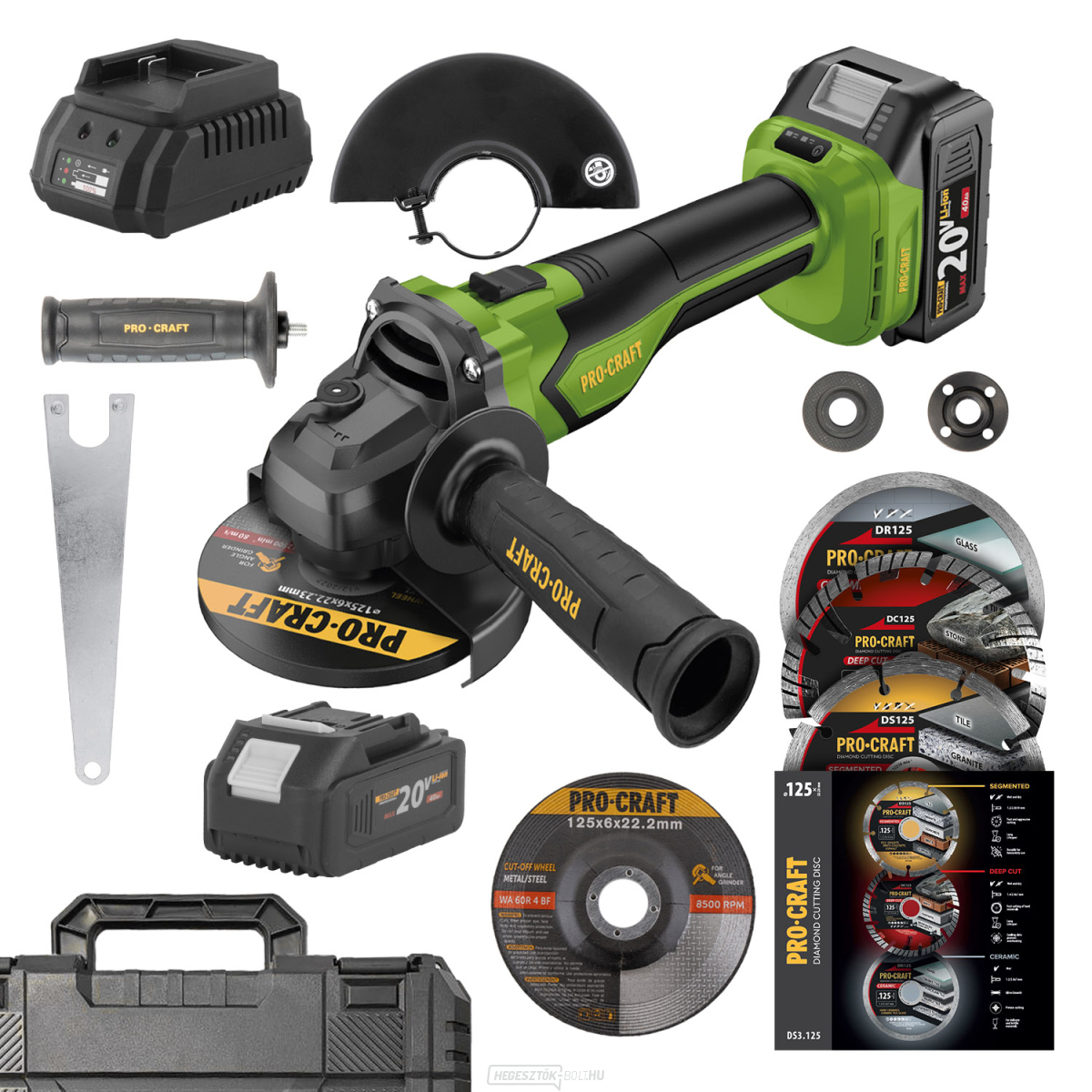 Procraft PGA22 akkus sarokcsiszoló és 3 db Procraft DS3.125 | SPGA22-1B-C/DS3.125 gyémánttárcsa készlet