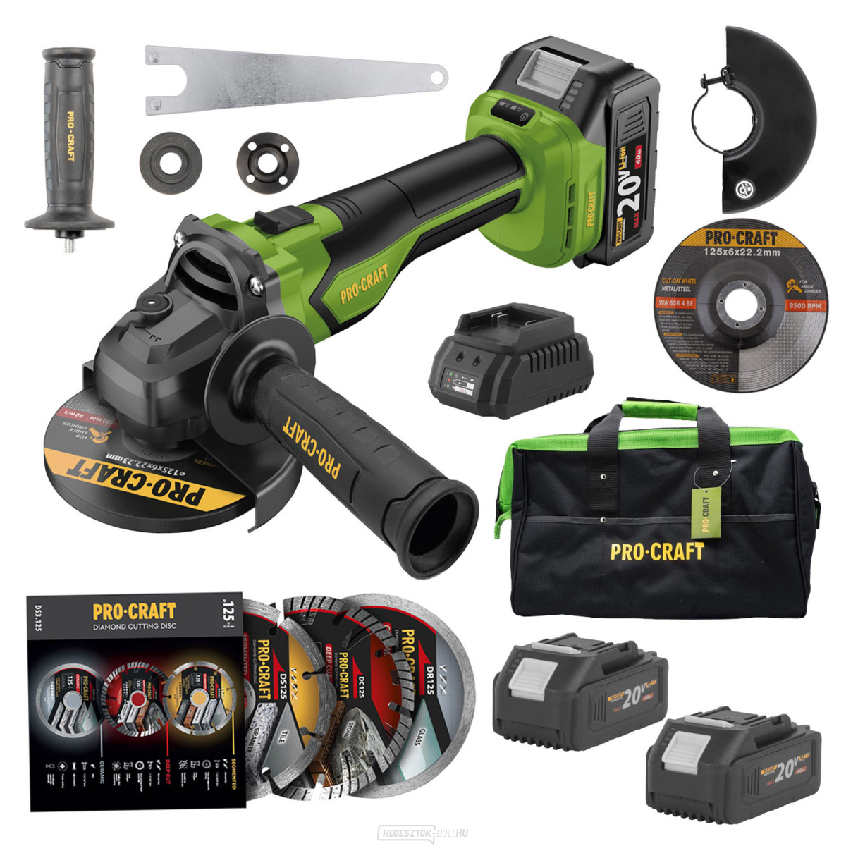 Procraft PGA22 akkus sarokcsiszoló és 3 db DS3.125 gyémánttárcsa készlet + szerszámtáska + 2 db akkumulátor | SPGA22-BB/DS3.125/2x20-4