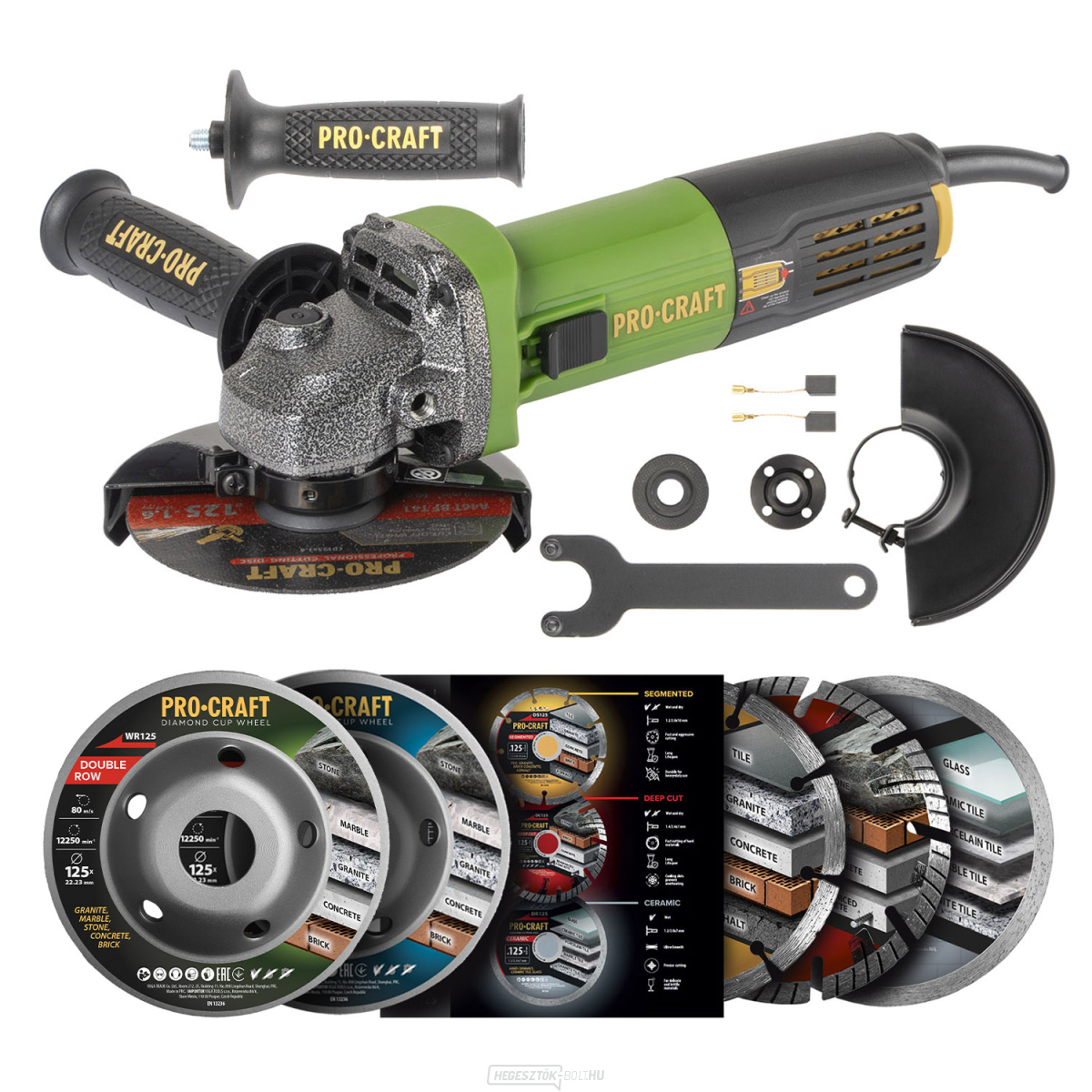 Sarokcsiszoló Procraft PW1050 és 3 db gyémánttárcsa DS3.125 + 2 db fazéktárcsa | SPW1050/DS3.125/WT125