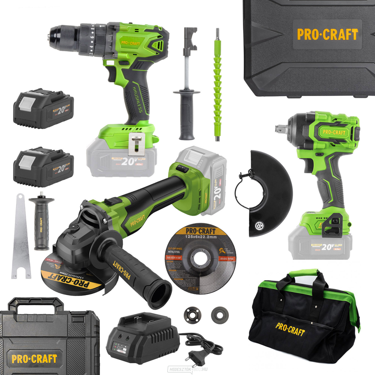 Procraft akkus, szénkefe nélküli szerszámkészlet 20 V, 5 részes, akkumulátorral és töltővel | AKUSET1