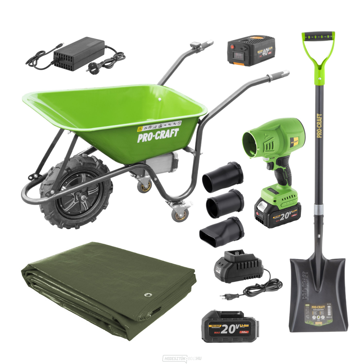 Procraft PWB150 akkus talicska + PB18 akkus lombfúvó + GSS-1150 lapát + GT3x4 ponyva | SPWB150/PB18/GSS-1150/GT3x4