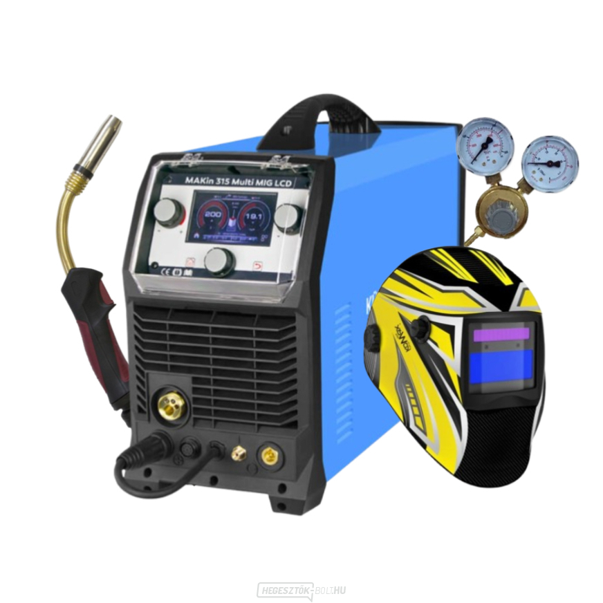Inverteres MAKin 315 Multi MIG LCD + Pisztoly + Hegesztősisak + Piros Szelep