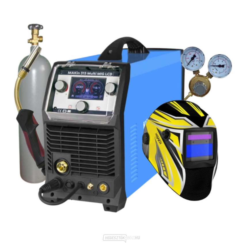 Inverteres MAKin 315 Multi MIG LCD + Pisztoly + Sisak + Piros Szelep + Teljes CO2 Palack