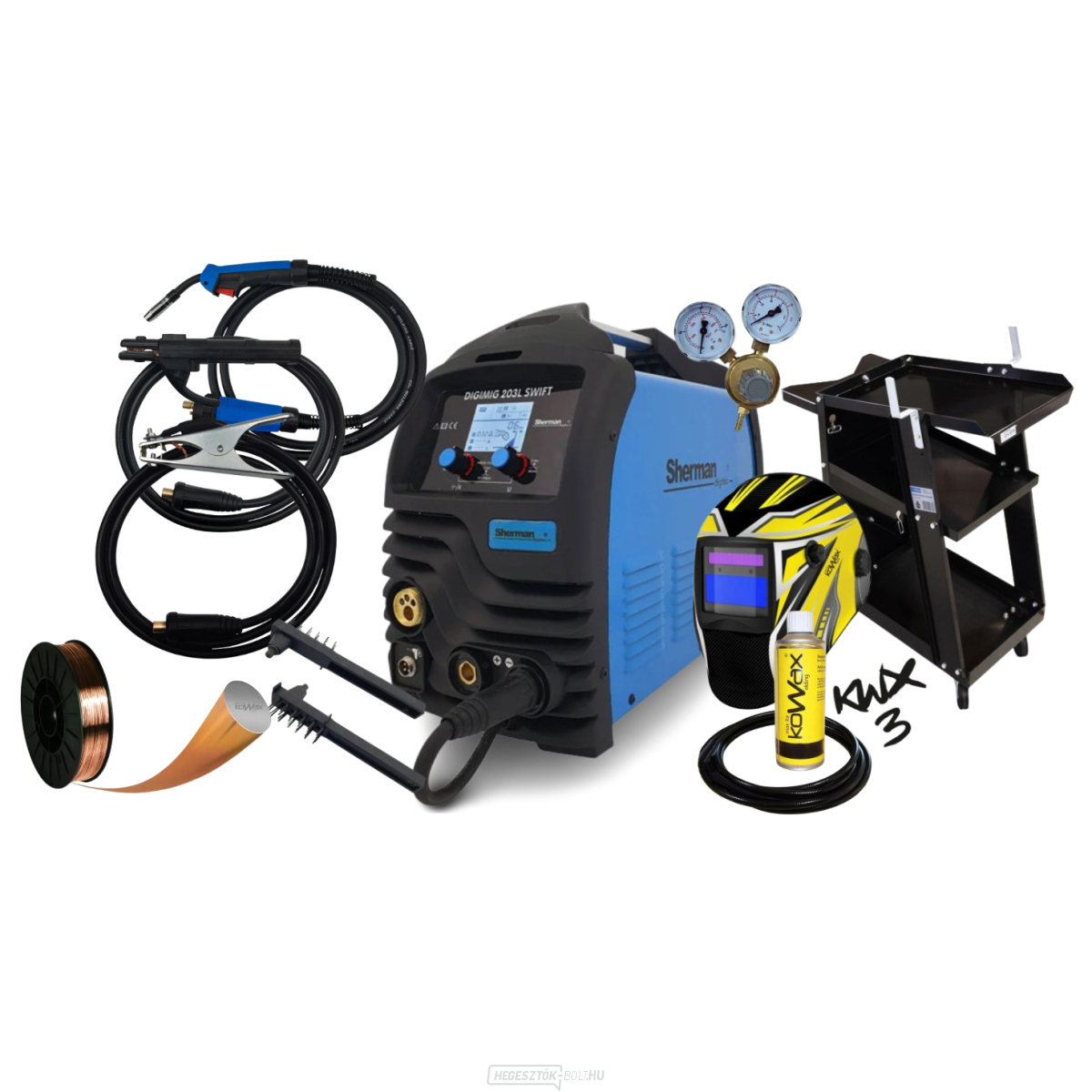 Sherman Synergic inverteres hegesztő DIGIMIG 203L SWIFT + MIG pisztoly + kábelek + sisak + tömlő + kocsi + vezeték + jobb szelep + szórófej