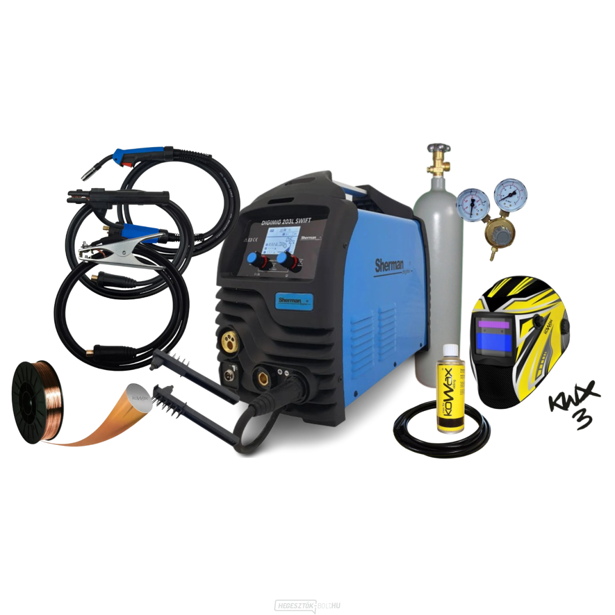 Sherman Synergic inverteres hegesztő DIGIMIG 203L SWIFT + MIG égő + kábelek + sisak + tömlő + visszacsapó szelep + huzal + szórópisztoly + teli CO2 palack