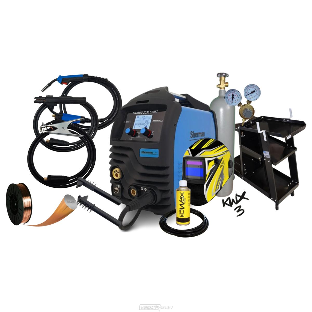 Sherman Synergic inverteres hegesztő DIGIMIG 203L SWIFT + MIG égő + kábelek + sisak + tömlő + visszacsapó szelep + huzal + szórópisztoly + teli CO2 palack + kocsi