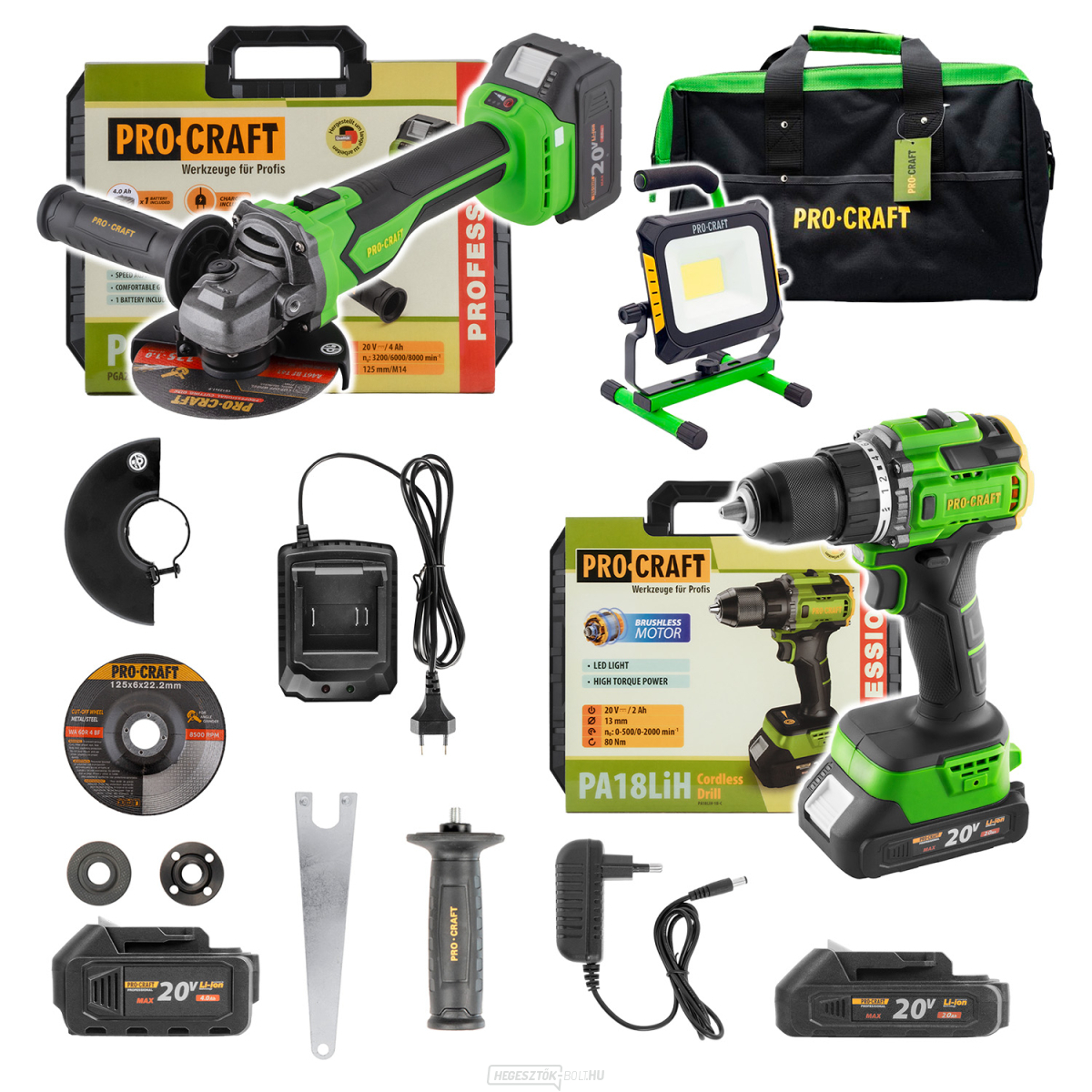 BG400 akkumulátorkészlet táskában: PA18LiH csavarhúzó, PGA22 sarokcsiszoló, LP20 zseblámpa (reflektor) | SPA18LiH-1B/PGA22-1B/LP20/BG400