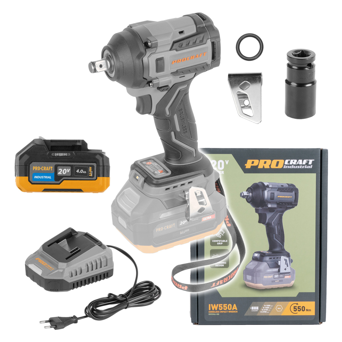 Procraft Industrial IW550A akkus ütvecsavarozó készlet + 20/4 Industrial akkumulátor és C20/2 töltő | SIW550Abb/20-4indu/C20-2