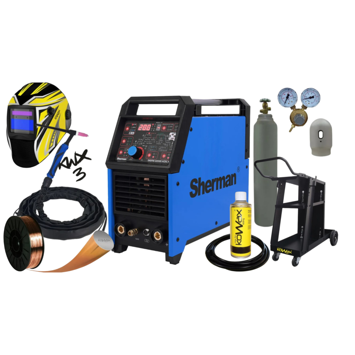 SHERMAN DIGITIG 225GD AC/DC MIX hegesztő inverter + Pisztoly + Földkábel + Redukáló szelep + Automatikusan sötétedő sisak + Vezeték + Kocsi + Teljes henger